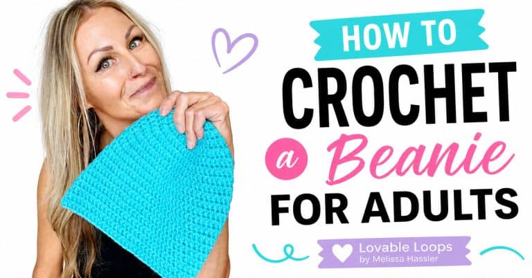 How to crochet a beanie for adults featured image showing a woman holding a turquoise handmade hat beside large black and pink lettering with aqua and lavender accents.