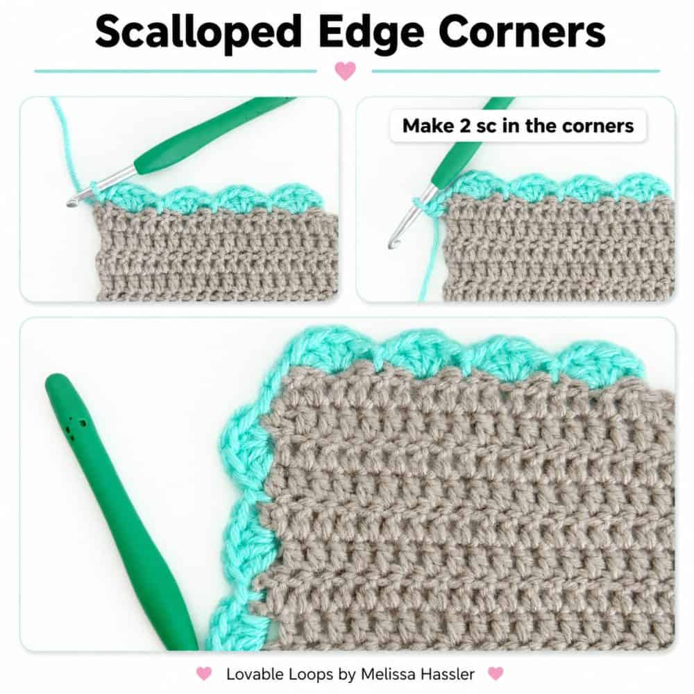 Scalloped edge corner tutorial showing the crochet border before the corner, two single crochet stitches worked in the corner, and the finished rounded corner.