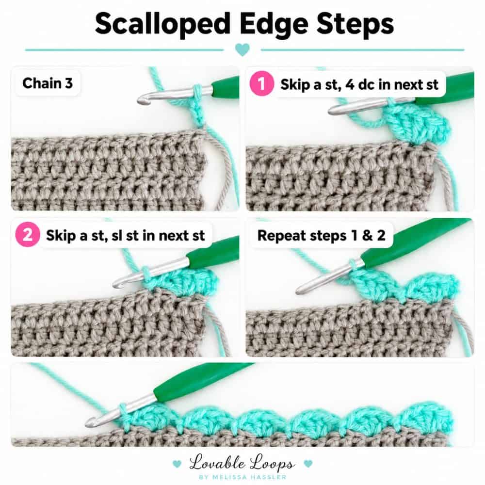 Step-by-step scalloped edge crochet tutorial showing how to chain 3, skip one stitch, work four double crochets, slip stitch in the next stitch, and repeat.