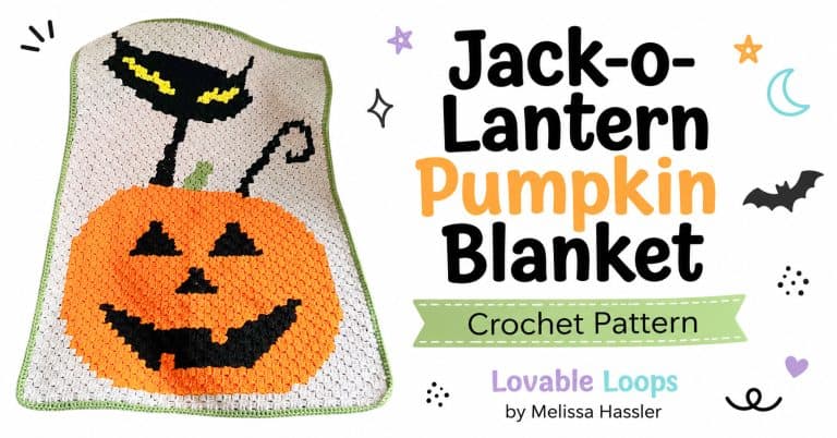 Featured image for a jack-o-lantern pumpkin blanket crochet pattern with the finished Halloween crochet blanket on the left, bold title text on the right, bat and moon accents, and Lovable Loops branding.