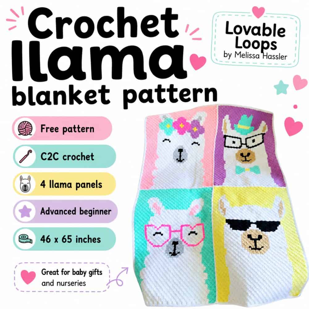 Featured image for a C2C llama blanket crochet pattern showing a four-panel llama blanket with colorful pastel llama designs, plus text that says “C2C llama blanket crochet pattern,” “Free crochet pattern,” and callouts for advanced beginner, 4 adorable llamas, great gift idea, 46 x 65 inches, and mix and match panels.