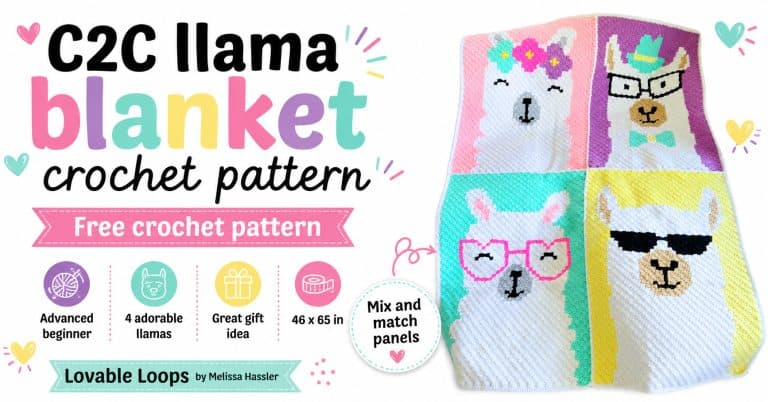 Featured image for a crochet llama blanket pattern showing a four-panel llama blanket with flower crown, glasses, and sunglasses llama designs on pastel backgrounds, plus text that says “Crochet llama blanket pattern” and callouts for free pattern, C2C crochet, 4 llama panels, advanced beginner, 46 x 65 inches, and great for baby gifts and nurseries.