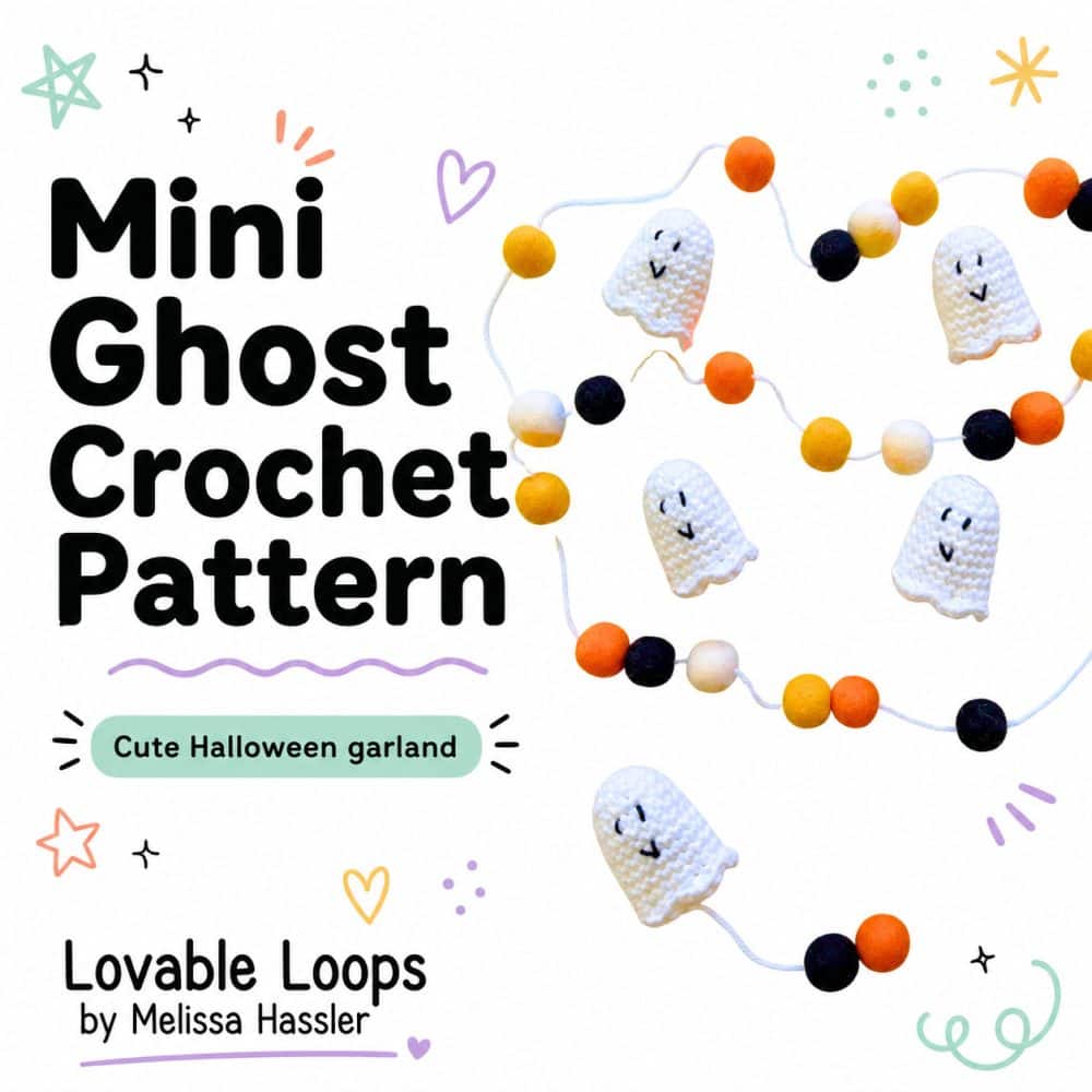 Square graphic for a mini ghost crochet pattern with four white crochet ghosts, Halloween bead garland details, bold black lettering, and cute spooky pastel accents.