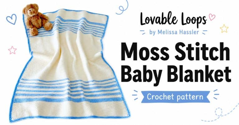 Featured image for a moss stitch baby blanket crochet pattern with a white and blue striped blanket, teddy bear, clean title text, pastel accents, and Lovable Loops branding.