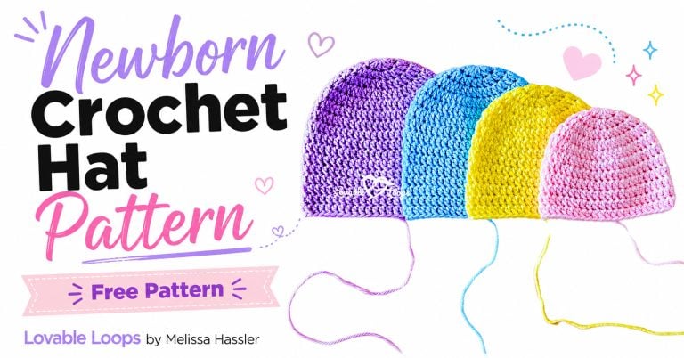 Landscape featured image showing four colorful crochet newborn hats beside bold black, purple, and pink text reading “Newborn Crochet Hat Pattern” and “Free Pattern” on a bright white background.