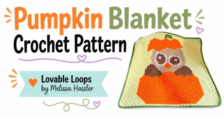 Featured image for a pumpkin blanket crochet pattern with the finished owl pumpkin crochet blanket on the right, bold title text on the left, and Lovable Loops branding.