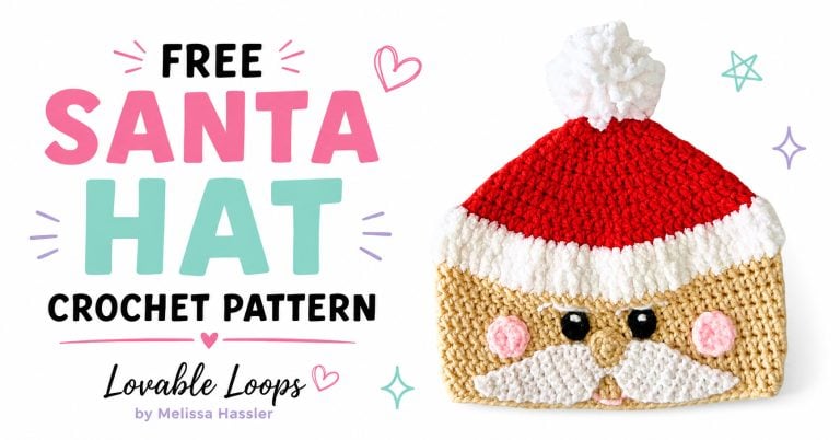 Free Santa hat crochet pattern featured image with bold pink, mint, and black text beside a red and white crochet Santa face hat with a fluffy pom-pom, pink cheeks, black eyes, and white mustache.