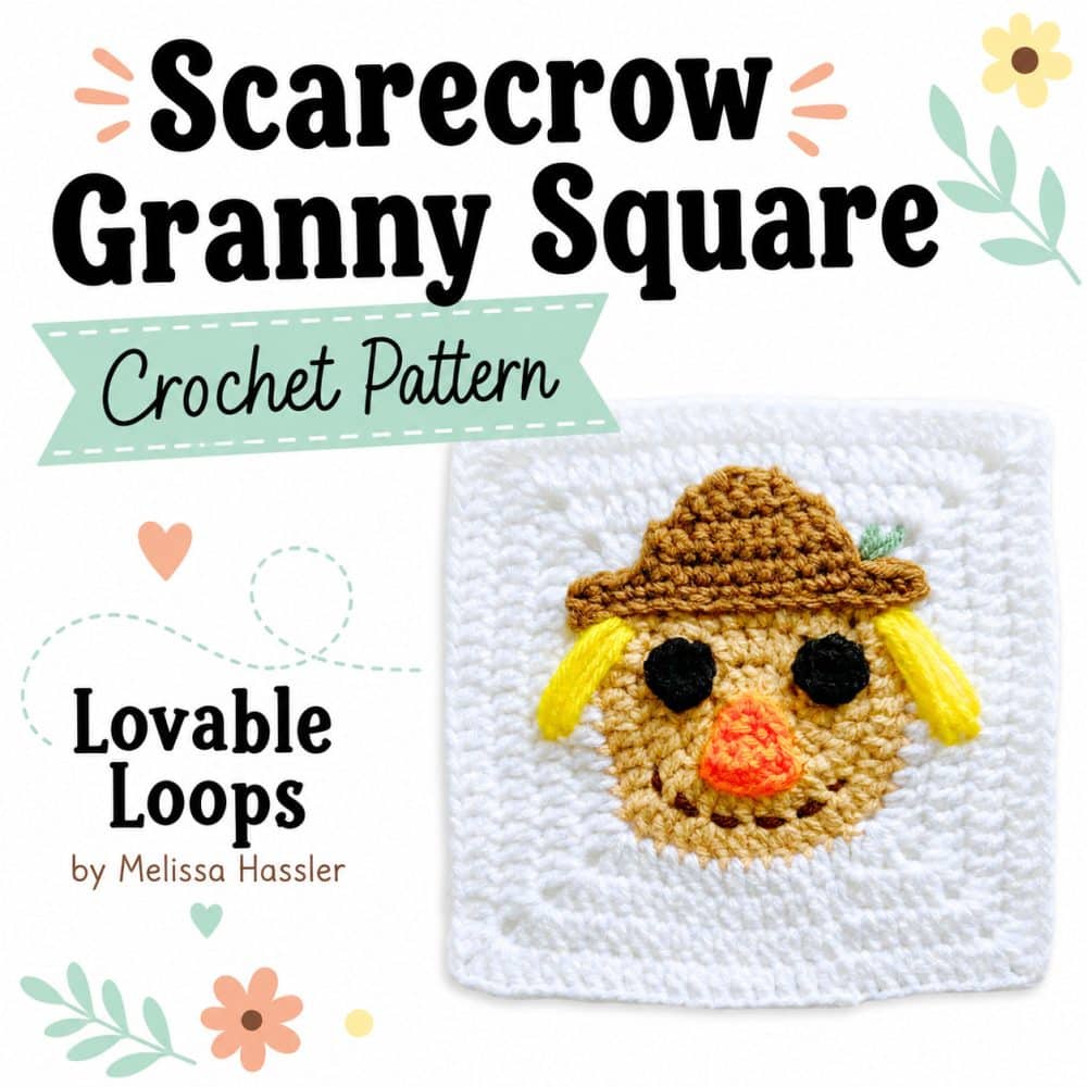 Square graphic for a scarecrow granny square crochet pattern featuring a white crochet square with a cheerful scarecrow face, fall-inspired pastel accents, and clean modern text.