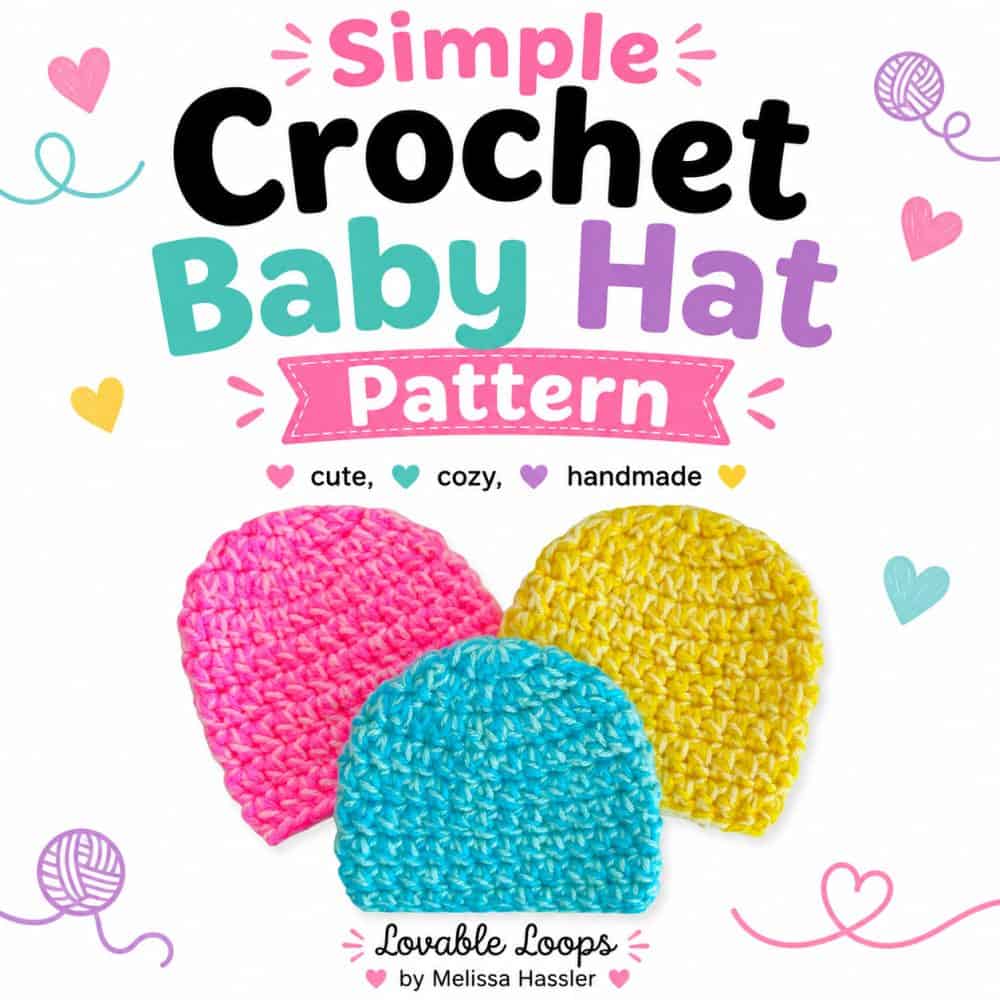 Square featured image featuring three colorful crochet baby hats in pink, yellow, and turquoise with bold black, pink, aqua, and purple pattern text.