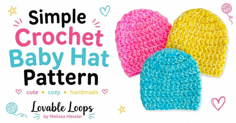 Wide featured image with bold Simple Crochet Baby Hat Pattern text on the left and three colorful handmade baby beanies on the right.