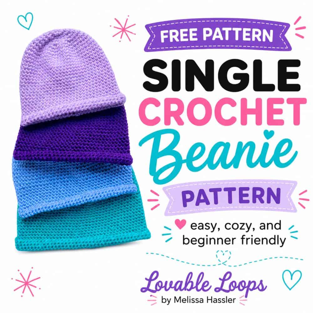 Pinterest graphic showing four colorful crochet hats beneath text reading โSingle Crochet Hat Pattern,โ with notes that it uses simple stitches and creates a comfortable everyday beanie, plus a โFree Patternโ banner.