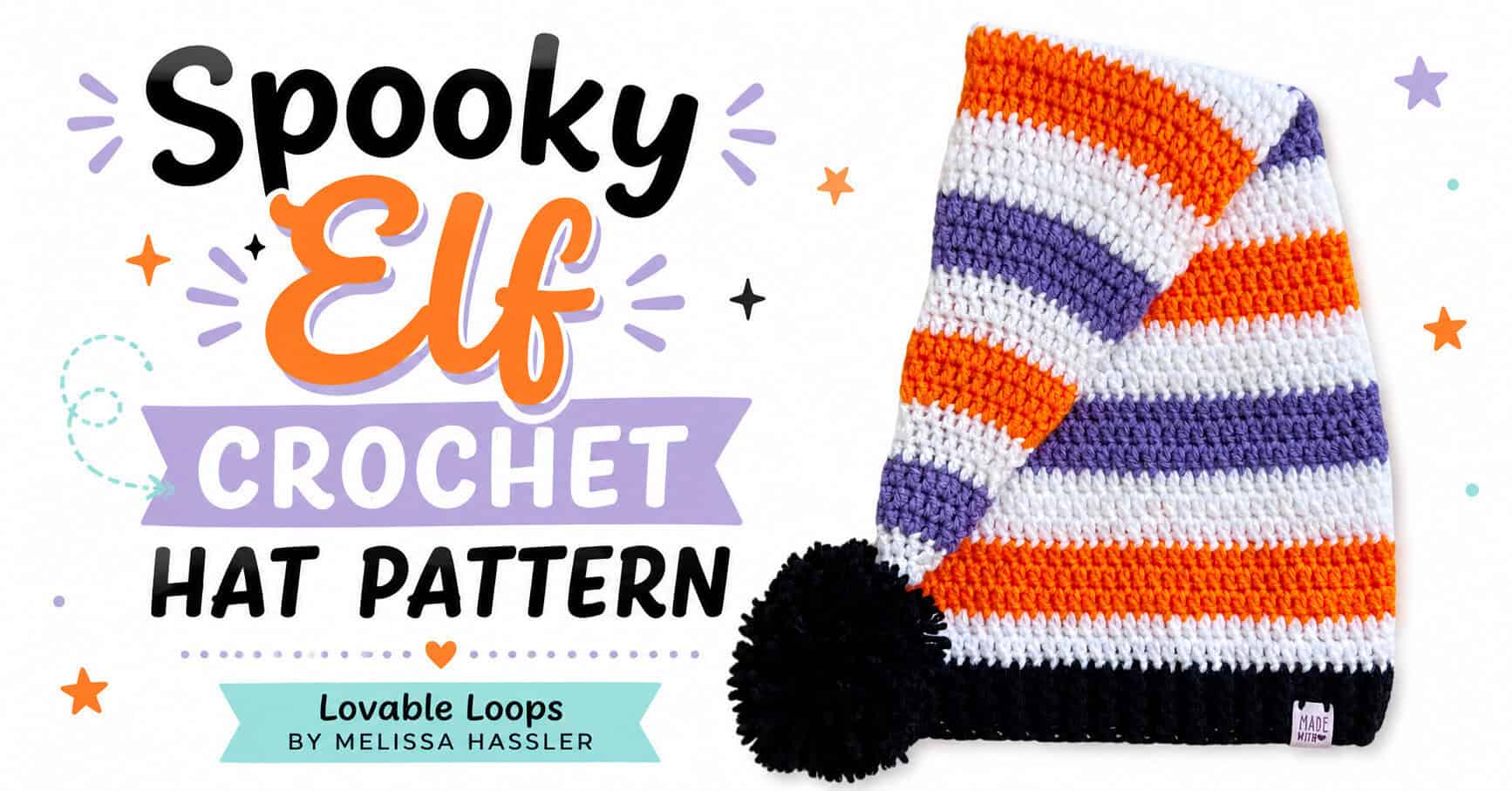 Spooky elf crochet hat pattern featured image with bold black, orange, lavender, and aqua lettering beside an orange, white, and purple striped hat with a black brim and pom-pom.