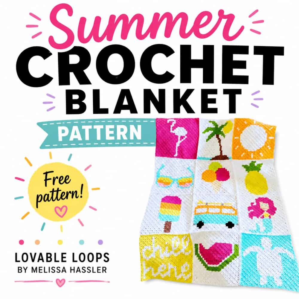 Square graphic for a summer crochet blanket pattern featuring a bright C2C blanket with tropical and beach motifs, including sunglasses, ice cream, pineapple, mermaid, watermelon, and waves.