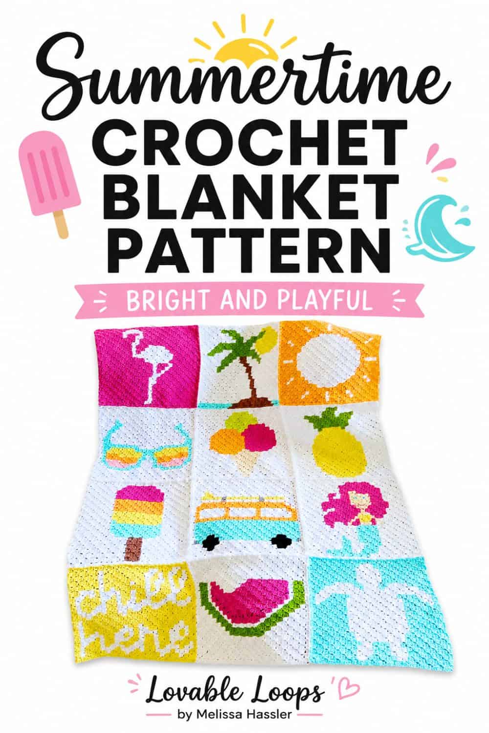 Pinterest pin for a summer crochet blanket pattern featuring a colorful C2C crochet blanket with beach-themed squares, including a flamingo, palm tree, sun, pineapple, popsicle, van, watermelon, and ocean waves.