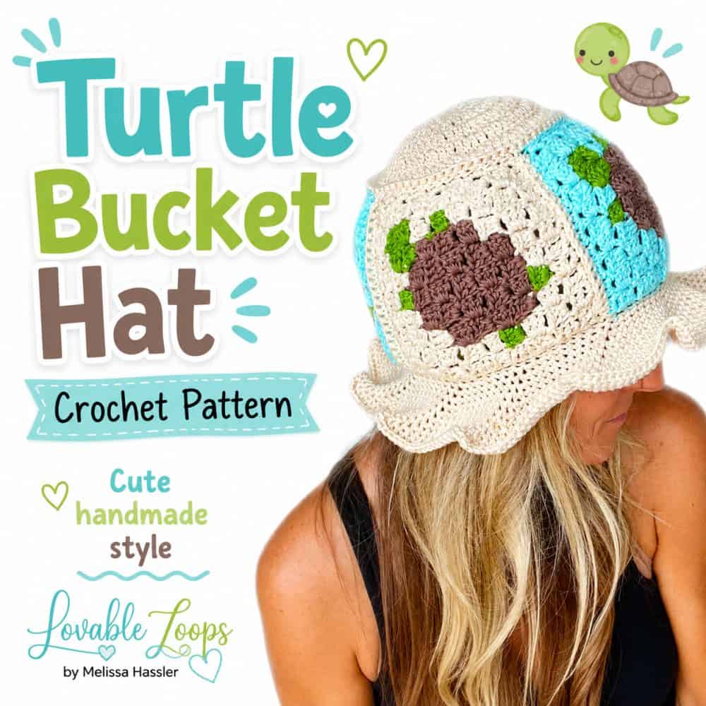 Square turtle bucket hat crochet pattern image featuring a cream granny square hat with brown and green turtle motifs, aqua panels, and a softly ruffled brim.