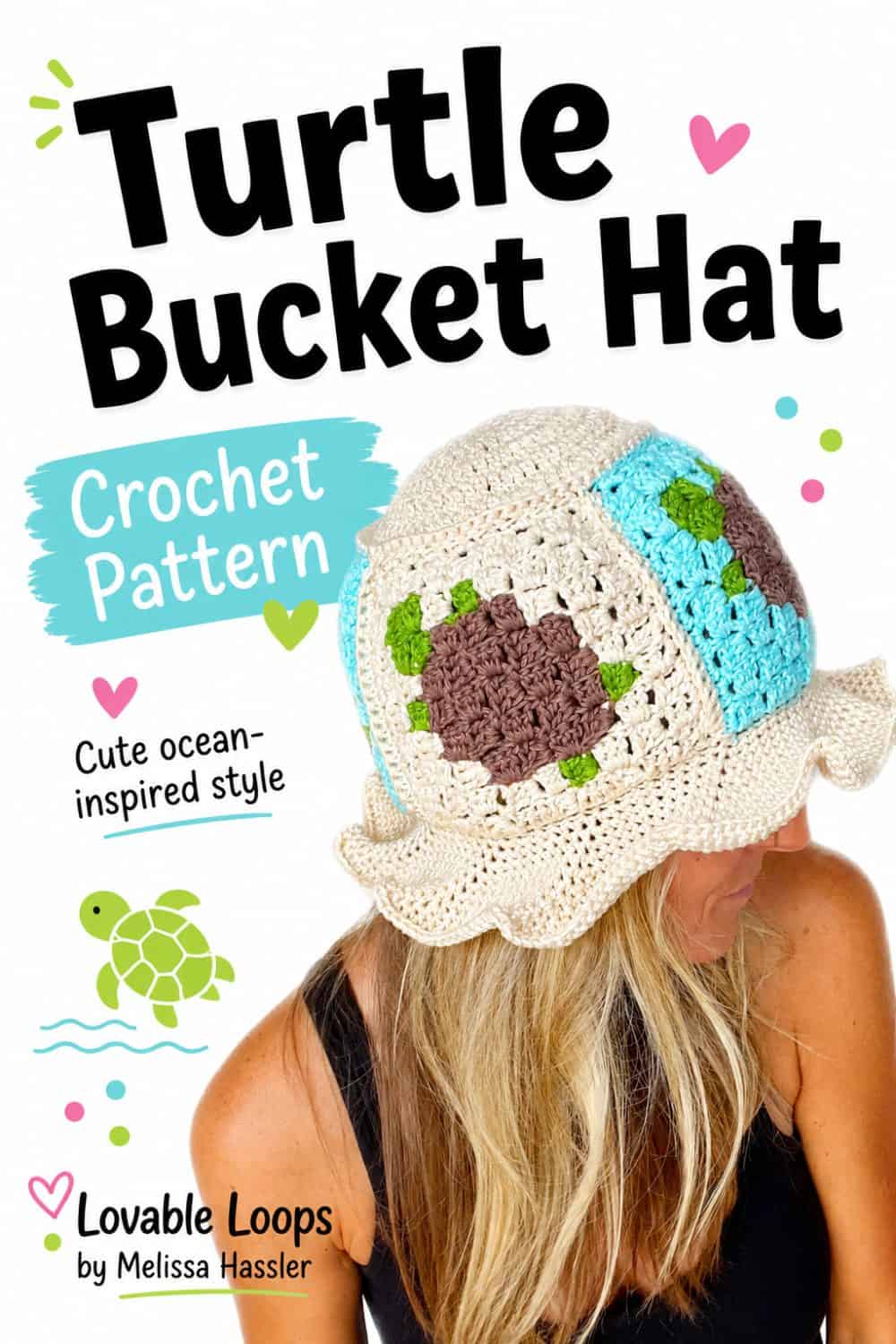 Turtle bucket hat crochet pattern graphic showing a woman modeling a cream crochet hat with a scalloped brim, brown turtle shells, green details, and bright aqua accent panels.