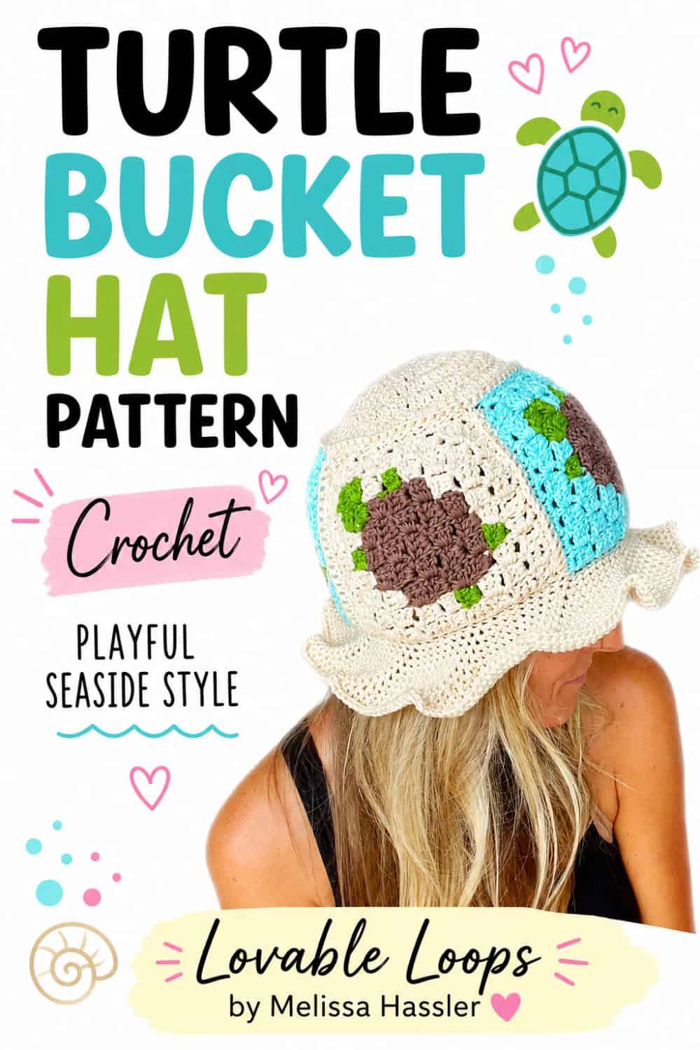 Turtle bucket hat crochet pattern pin featuring a woman wearing a cream crochet hat with brown, green, and aqua turtle-inspired granny square designs beside bold black, aqua, green, and pink text.