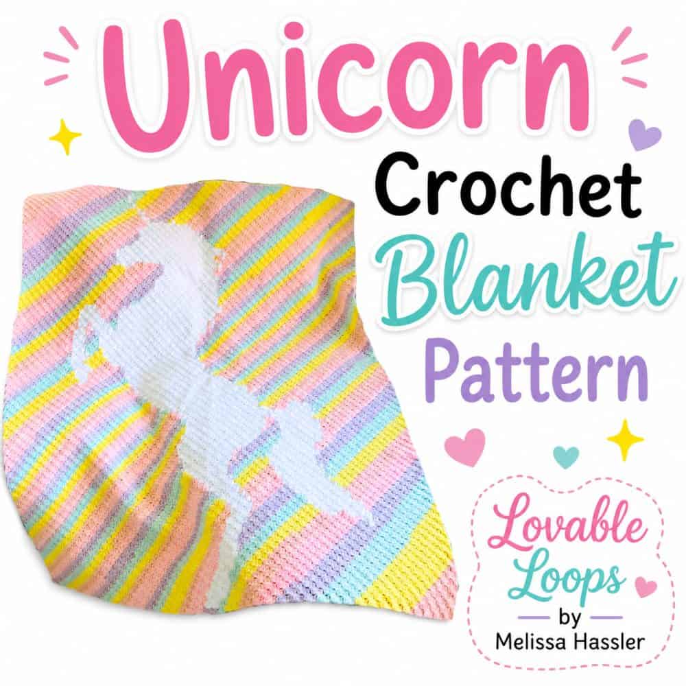 Square unicorn crochet blanket pattern image with a pastel striped blanket, white unicorn silhouette, colorful text, and Lovable Loops branding.