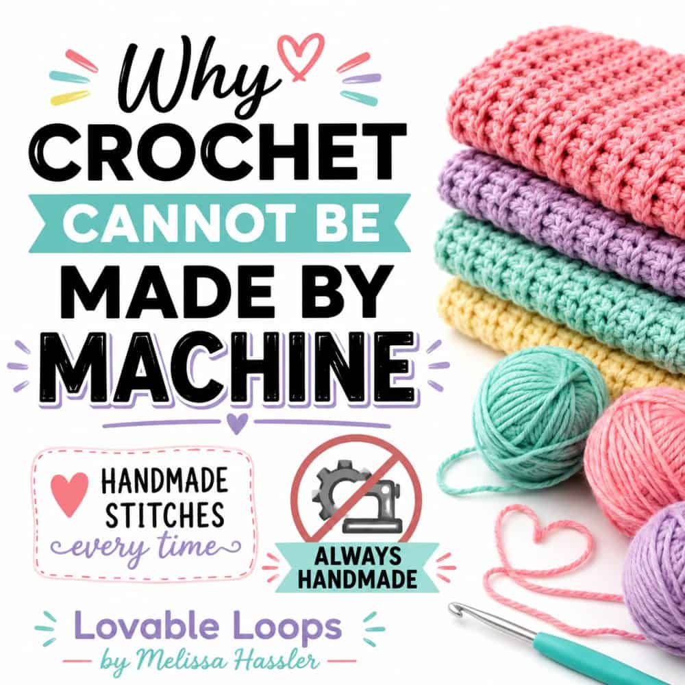Why crochet cannot be made by machine square graphic with colorful yarn balls, crochet hook, stacked granny squares, sewing machine icon, and text about handmade crochet stitches.