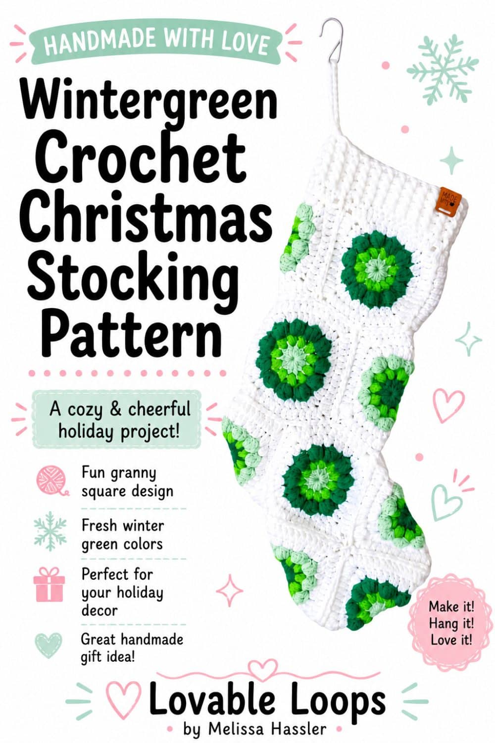 Wintergreen crochet Christmas stocking Pinterest pin featuring a white and green crochet stocking, black bold title text, pastel holiday accents, and bullet points for granny square design, winter green colors, holiday decor, and handmade gift idea.