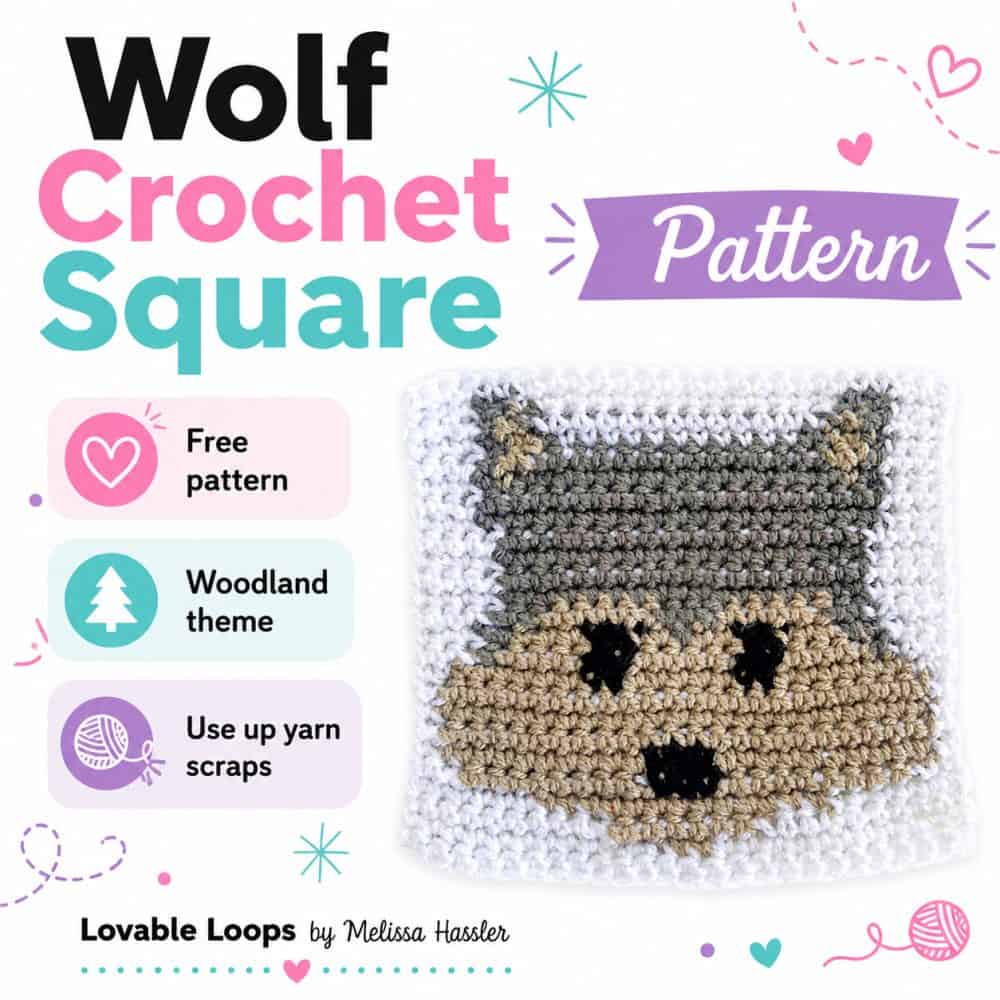 Square graphic for a Wolf Crochet Square Pattern featuring a handmade crochet wolf square, bright pastel text, and callouts for a free pattern, woodland theme, and blankets, pillows, and bags.