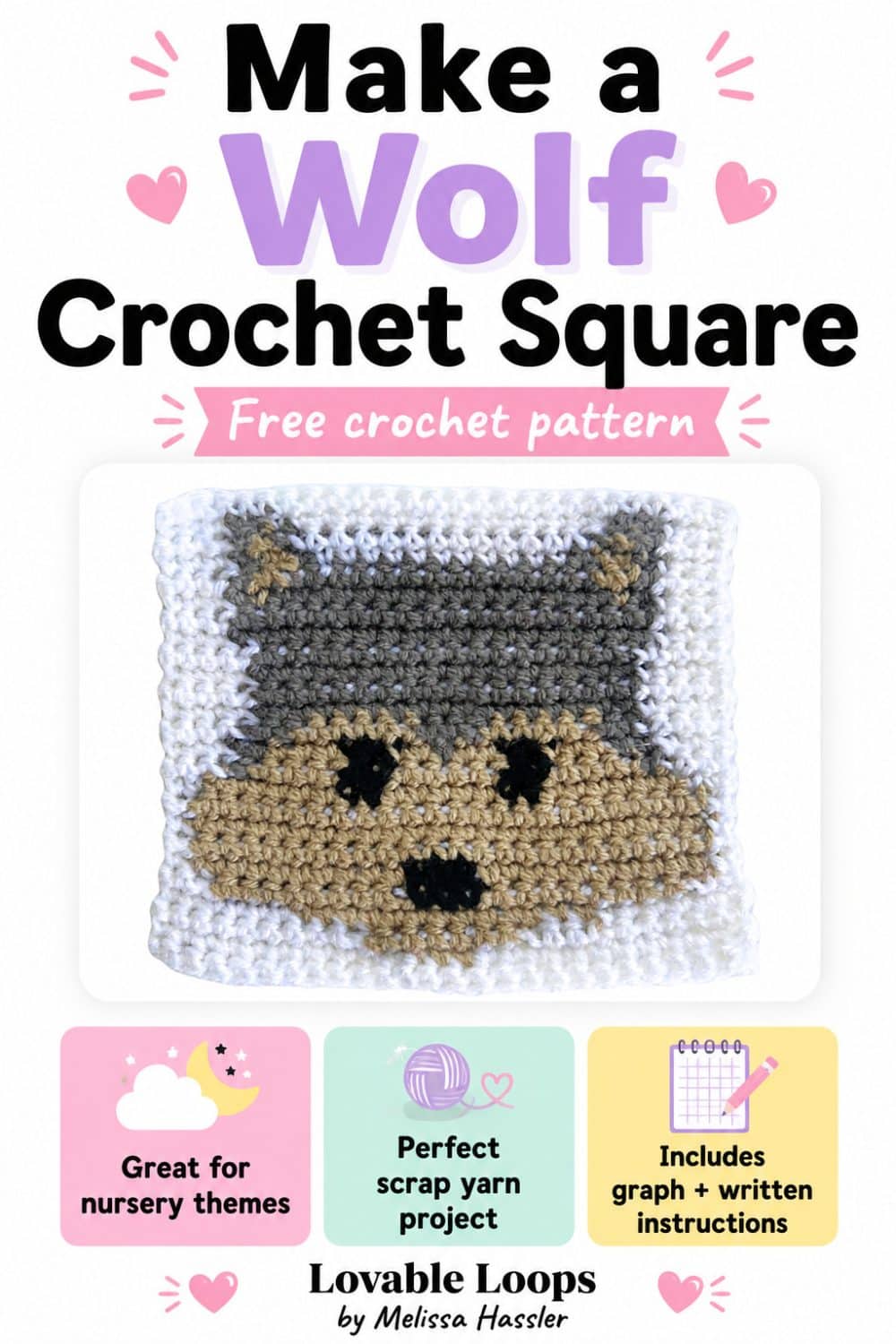Pinterest pin for a Wolf Crochet Square Pattern featuring a handmade wolf square and large colorful text
