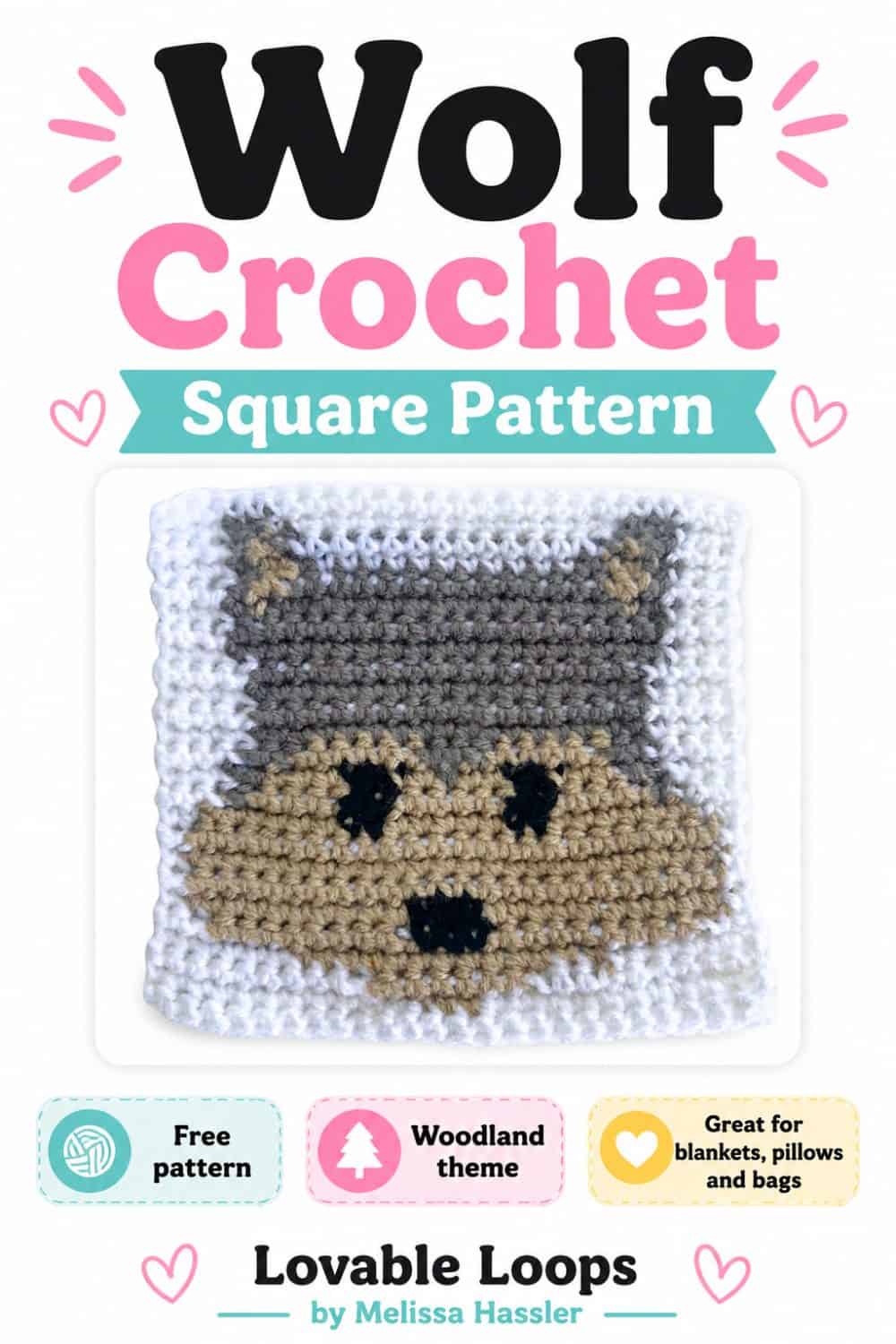 Pinterest pin for a Wolf Crochet Square Pattern featuring a handmade wolf square, large colorful text, and callouts for a free pattern, woodland theme, and using up yarn scraps.