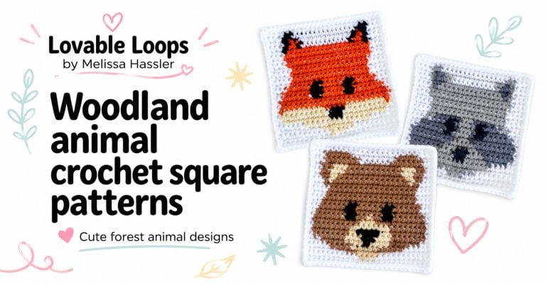 Featured image for woodland animal crochet square patterns with fox, raccoon, and bear crochet squares beside bold Lovable Loops text branding.