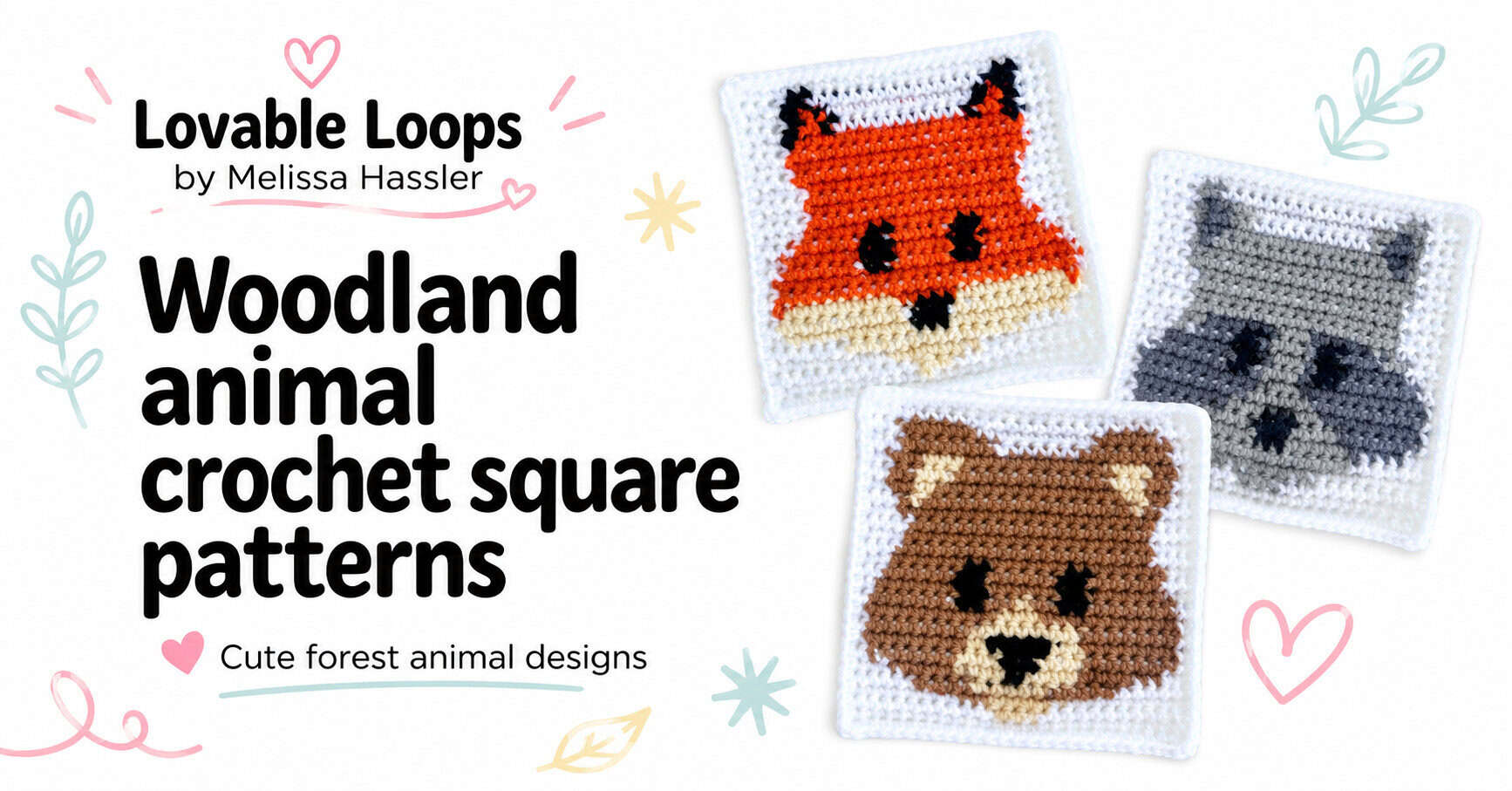 Featured image for woodland animal crochet square patterns with fox, raccoon, and bear crochet squares beside bold Lovable Loops text branding.