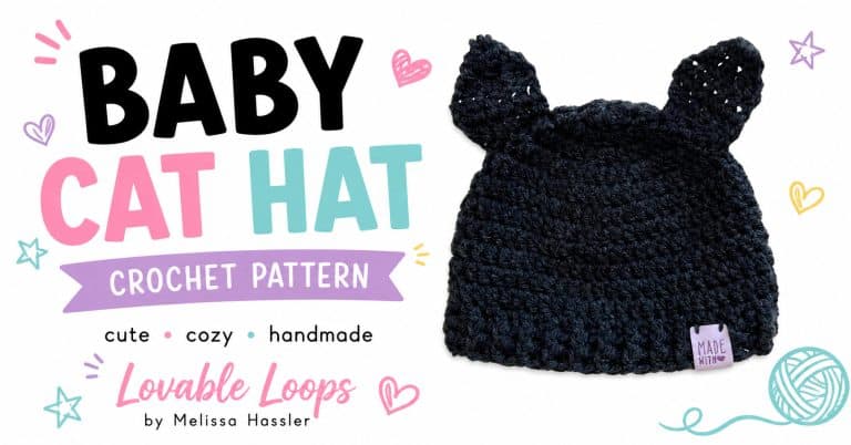 Wide featured image with bold Baby Cat Hat Crochet Pattern text on the left and a black crochet baby hat with pointed cat ears on the right.