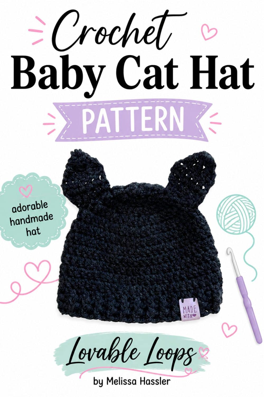 Pinterest pin showing a black handmade baby cat hat with tall crochet ears beside large black, pink, aqua, and lavender pattern text and playful craft graphics.