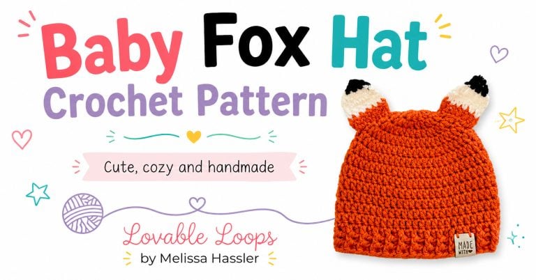 Wide featured image with an orange baby fox crochet hat on the right and bold text reading Baby Fox Hat Crochet Pattern on the left.