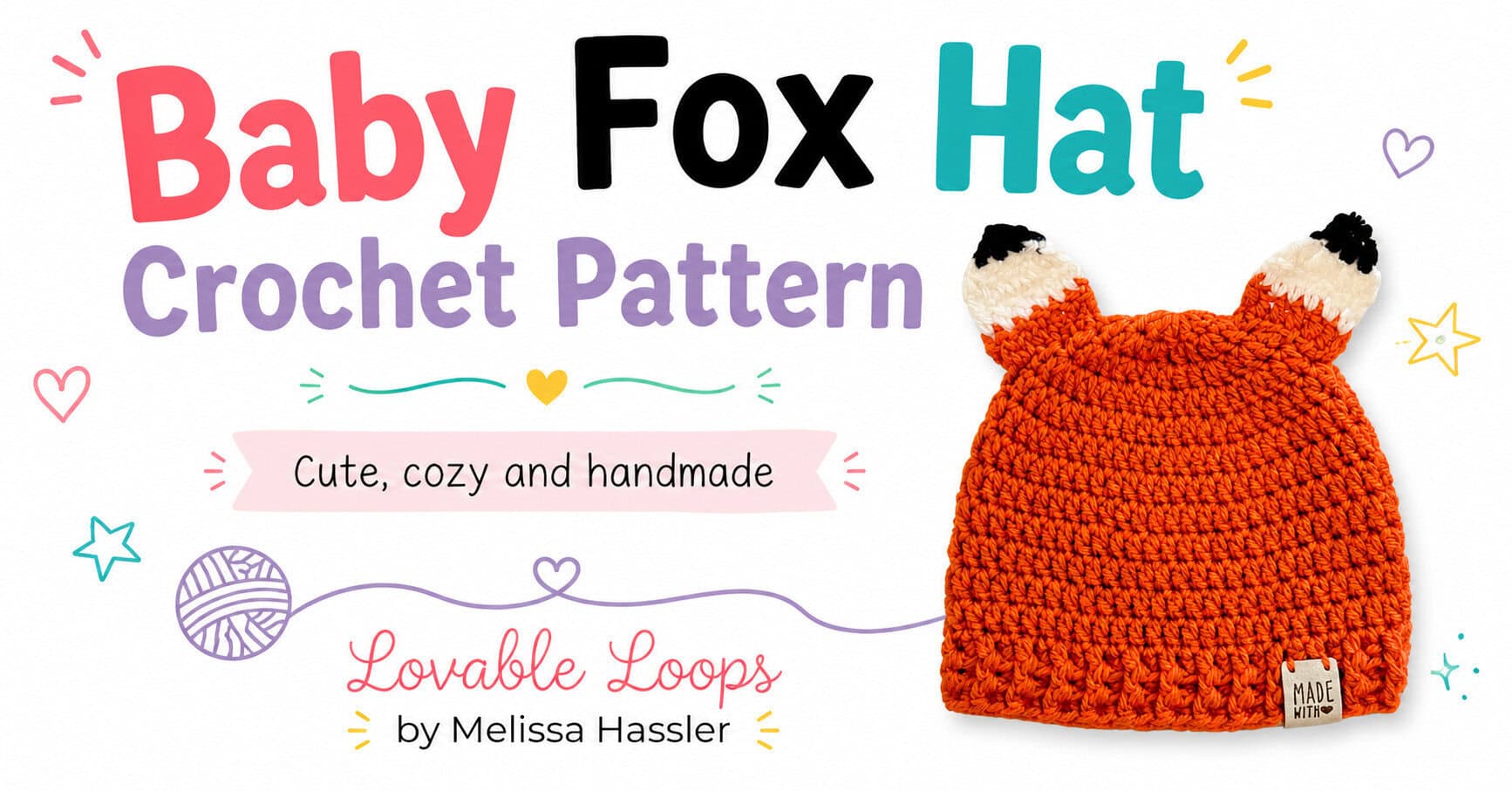 Wide featured image with an orange baby fox crochet hat on the right and bold text reading Baby Fox Hat Crochet Pattern on the left.