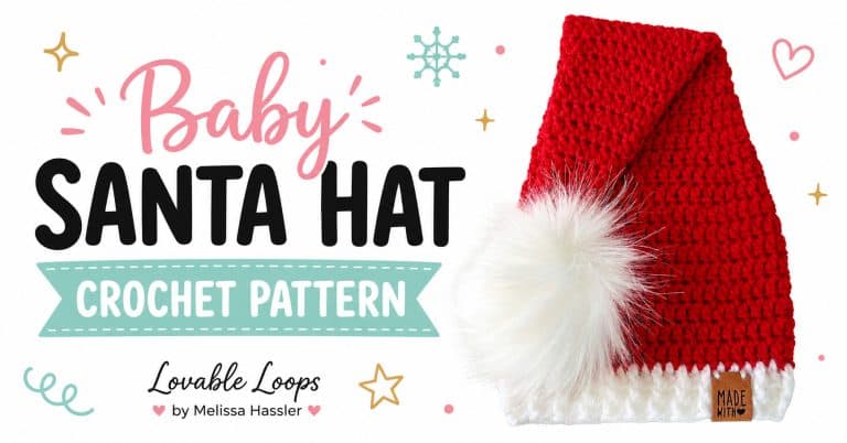 Wide featured image with bold Baby Santa Hat Crochet Pattern text on the left and a red crochet Santa hat with a white brim and oversized fluffy pom pom on the right.