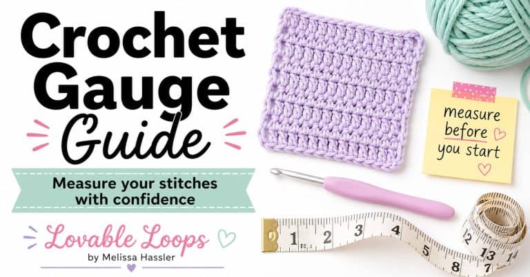 Crochet gauge guide featured image with purple crochet swatch, measuring tape, crochet hook, sticky note, and text about measuring your stitches with confidence.
