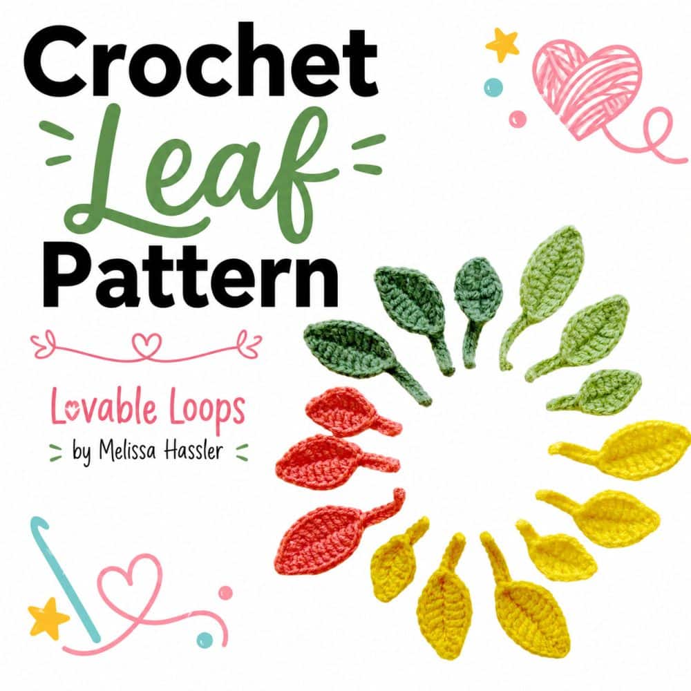 Square graphic for a crochet leaf pattern featuring colorful crochet leaves arranged in a wreath shape with clean modern text and playful yarn-themed accents.