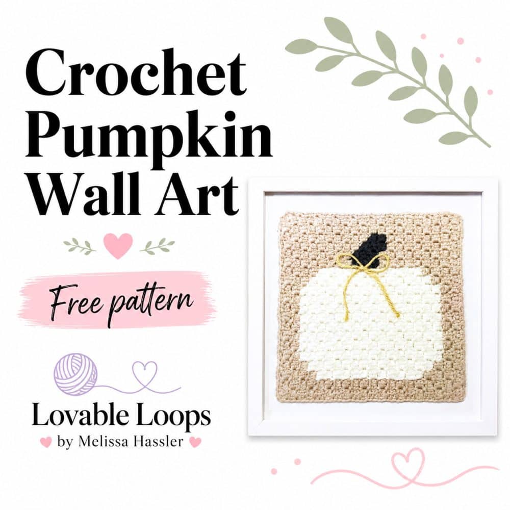 Square graphic for a crochet pumpkin wall art pattern featuring framed white pumpkin crochet decor with neutral tan background and soft pastel accents.