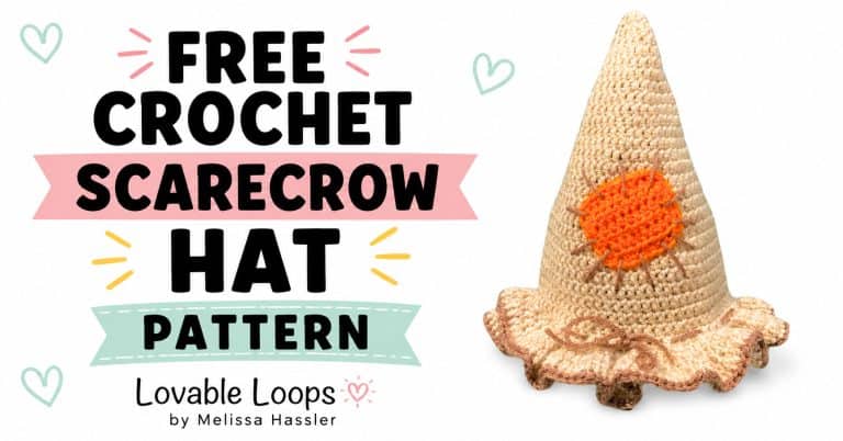Free crochet scarecrow hat pattern featured image with a beige pointed crochet hat and orange stitched patch beside bold black text, pink and mint banners, and pastel heart accents on a white background.