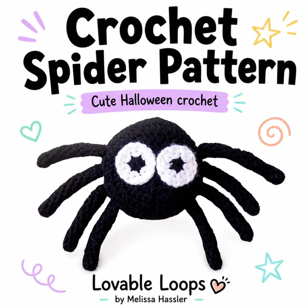 Square graphic for a crochet spider pattern featuring a black crochet spider with eight legs, big white eyes, bold title text, and playful pastel Halloween doodles.