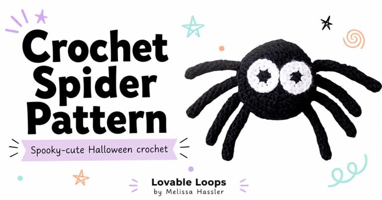 Featured image for a crochet spider pattern with a handmade black spider, large white eyes, bright white background, bold black text, pastel accents, and Lovable Loops by Melissa Hassler branding.
