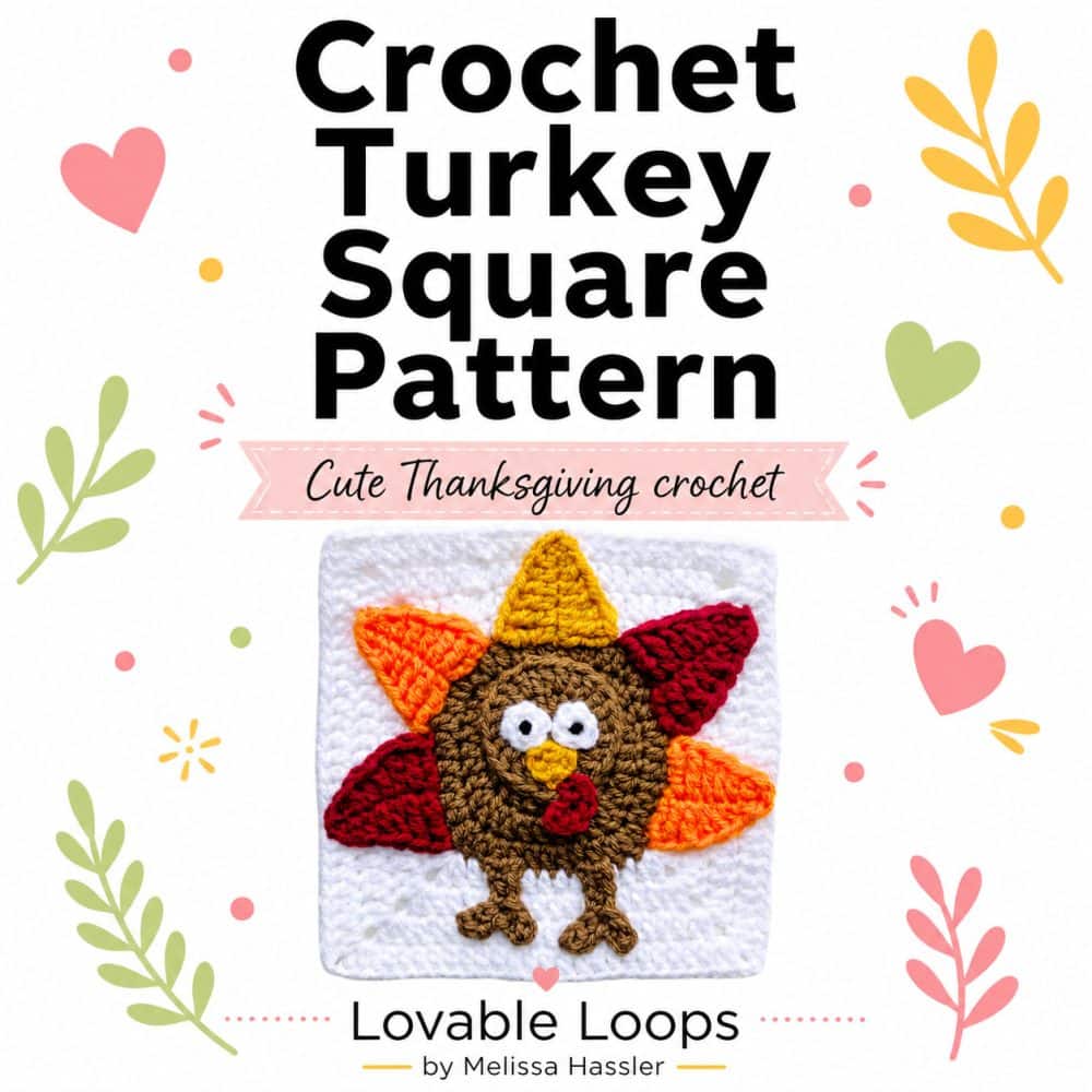 Square graphic for a crochet turkey square pattern featuring a handmade turkey granny square with bright fall-colored feathers, a white crochet square background, large readable text, and playful pastel leaves and hearts.