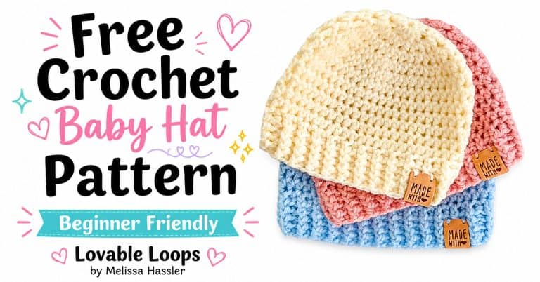 Landscape featured image showing cream, pink, and blue crochet baby hats beside large text reading “Free Crochet Baby Hat Pattern” and “Beginner Friendly” on a clean white background.