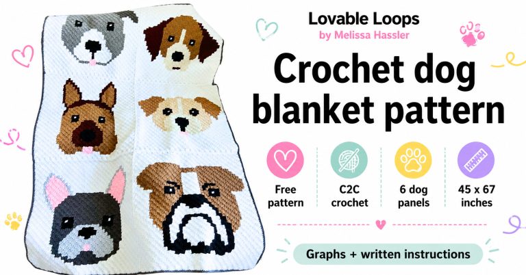Crochet dog blanket pattern graphic with a white C2C blanket featuring six dog panels, plus callouts for free pattern, C2C crochet, six dog panels, finished size, and written instructions.