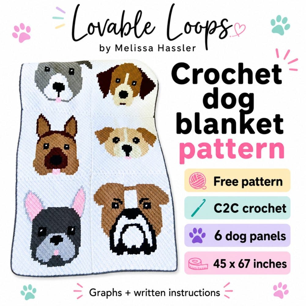 Crochet dog blanket pattern featured image with a white C2C dog blanket on a bright background, pastel paw accents, and callouts for free pattern, C2C crochet, six dog panels, and finished size.