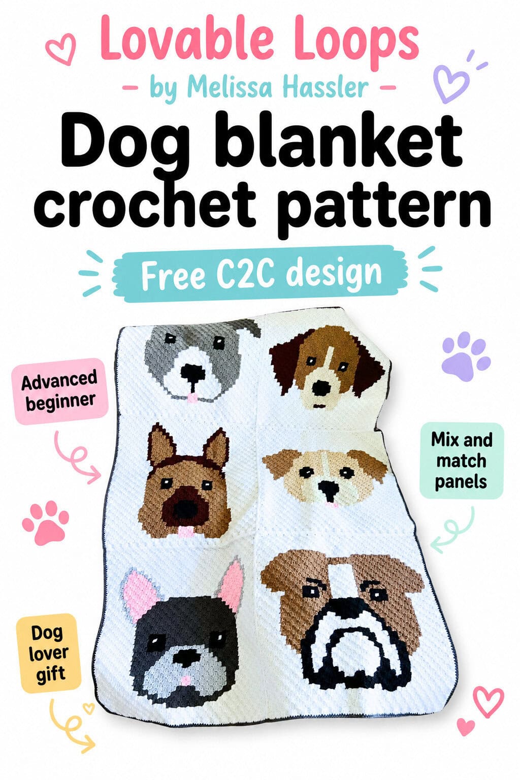 Dog blanket crochet pattern pin featuring a white C2C blanket with six dog faces, plus callouts for advanced beginner, mix and match panels, and dog lover gift.
