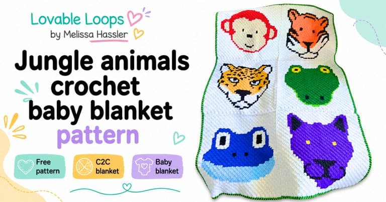 Jungle animals crochet baby blanket pattern featured image with a colorful C2C animal blanket on a white background, pastel accents, and callouts for free pattern, C2C blanket, and baby blanket.