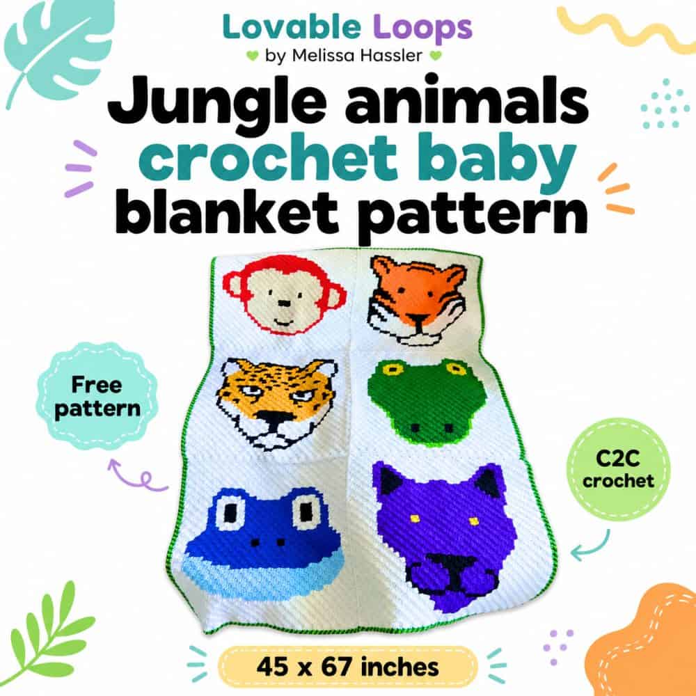 Jungle animals crochet baby blanket pattern graphic with a white C2C blanket featuring monkey, tiger, jaguar, frog, blue frog, and purple panther panels, plus text for a free C2C crochet pattern.