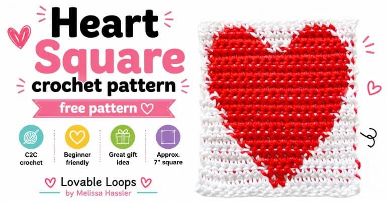 Heart square crochet pattern featured image with a red and white crochet heart square, bold text, and callouts for C2C crochet, beginner friendly, great gift idea, and approximately 7 inch square.