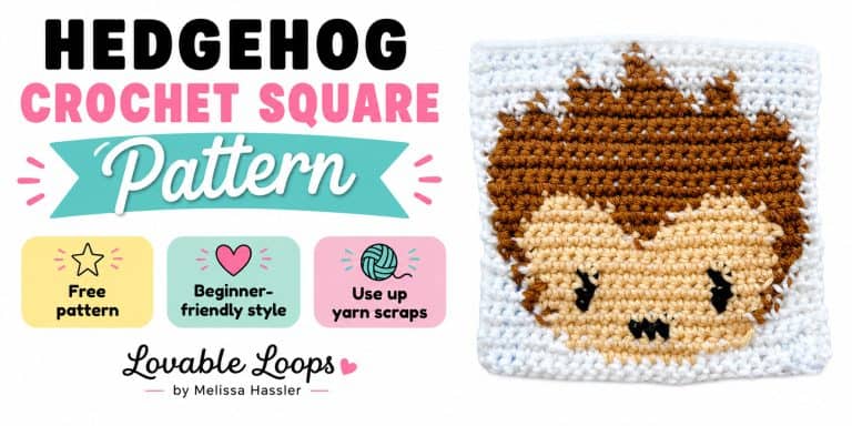 Featured image for a Hedgehog Crochet Square Pattern with a handmade hedgehog square, bold pastel text, and callouts for a free pattern, beginner-friendly style, and using up yarn scraps.
