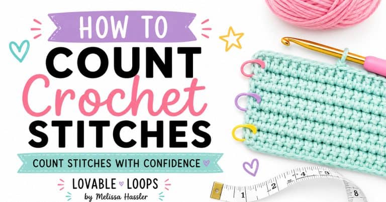 How to count crochet stitches featured image with a mint crochet swatch, stitch markers, pink yarn, measuring tape, crochet hook, and text about counting stitches with confidence.
